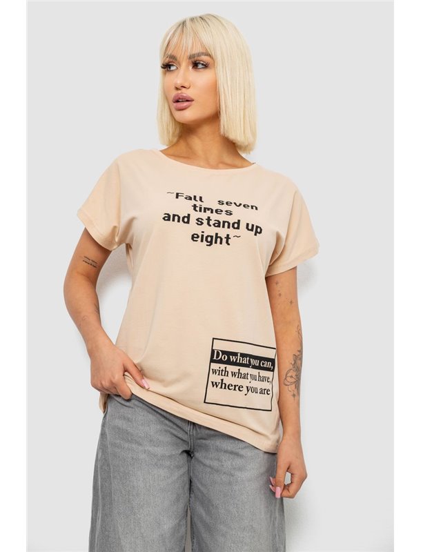 Футболка жіноча з принтом, колір бежевий, 244R2004 244R2004 AGER фото - Luxbikini