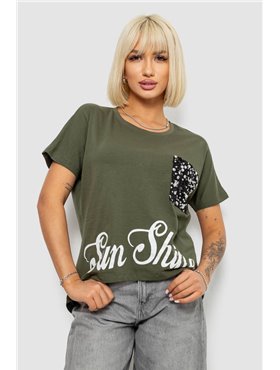 Футболка жіноча з принтом, колір хакі, 244R2057 244R2057 AGER фото - Luxbikini