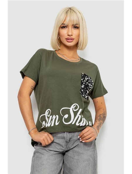 Футболка жіноча з принтом, колір хакі, 244R2057 244R2057 AGER фото - Luxbikini