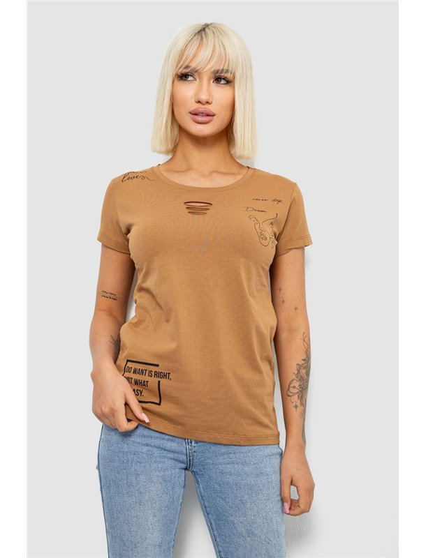 Футболка жіноча з принтом, колір коричневий, 244R2218-3 244R2218-3 AGER фото - Luxbikini