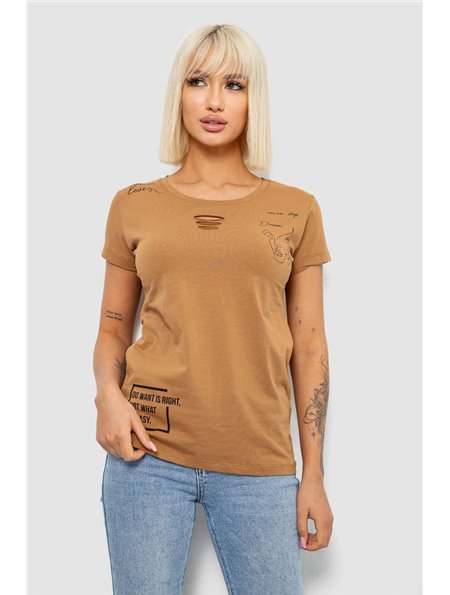 Футболка жіноча з принтом, колір коричневий, 244R2218-3 244R2218-3 AGER фото - Luxbikini