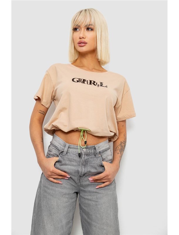 Футболка жіноча з принтом, колір бежевий, 244R2306 244R2306 AGER фото - Luxbikini