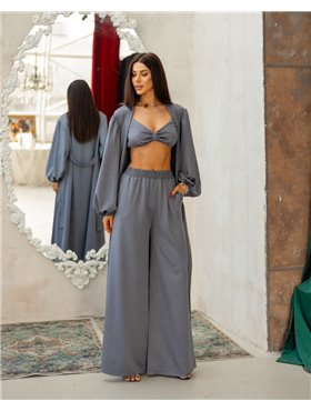 Піжамний костюм-трійка Diana шліфований льон (бра+халат+штани) Сірий