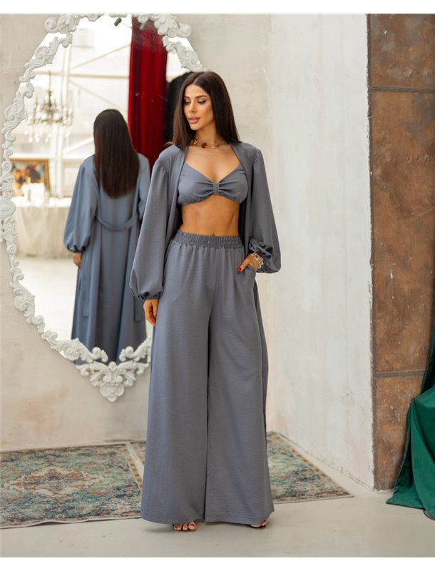 Піжамний костюм-трійка Diana шліфований льон (бра+халат+штани) Сірий