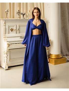 Піжамний костюм-трійка Diana шліфований льон (бра+халат+штани) Синій