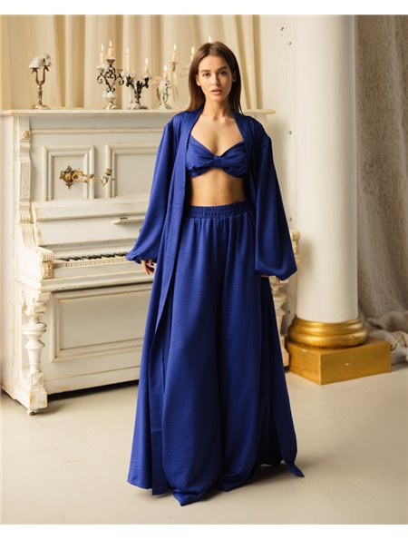 Піжамний костюм-трійка Diana шліфований льон (бра+халат+штани) Синій