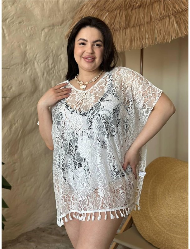 Жіноча біла мереживна пляжна туніка PLUS SIZE SW4037 Ghazel фото - Luxbikini