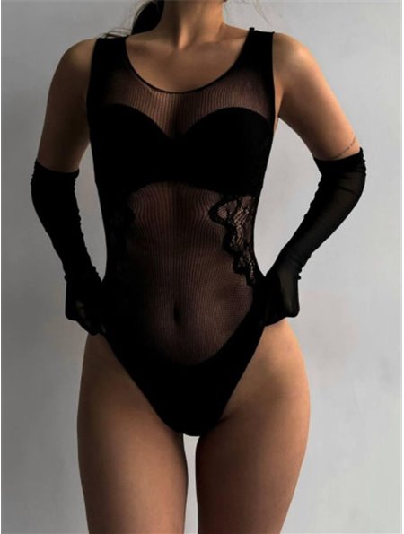 Жіночий чорний боді з сітки і мереживними вставками 228411111 Ghazel фото - Luxbikini