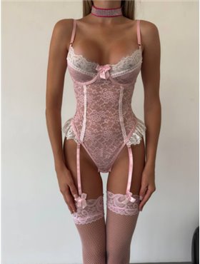Рожевий спокусливий мереживний боді з панчохами 141471111 Ghazel фото - Luxbikini