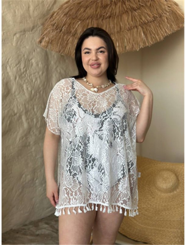 Жіноча біла мереживна пляжна туніка PLUS SIZE 159981111 Ghazel фото - Luxbikini
