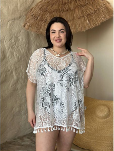 Жіноча біла мереживна пляжна туніка PLUS SIZE 159981111 Ghazel фото - Luxbikini