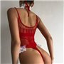 Спокусливий червоний боді з білими рюшами та пухом 117151111 Ghazel фото - Luxbikini