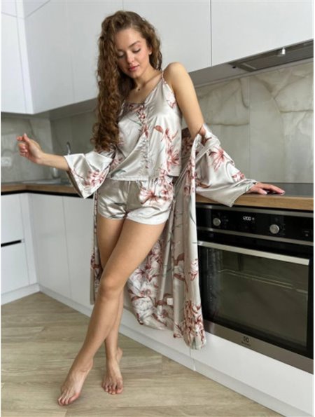 Шовкова піжама трійка з халатиком з ніжним принтом 792111111 Ghazel фото - Luxbikini