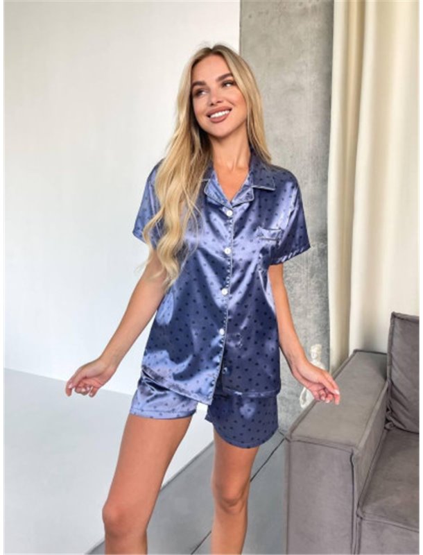 Синя шовкова піжама з шортами в принт сердечко 793611111 Ghazel фото - Luxbikini