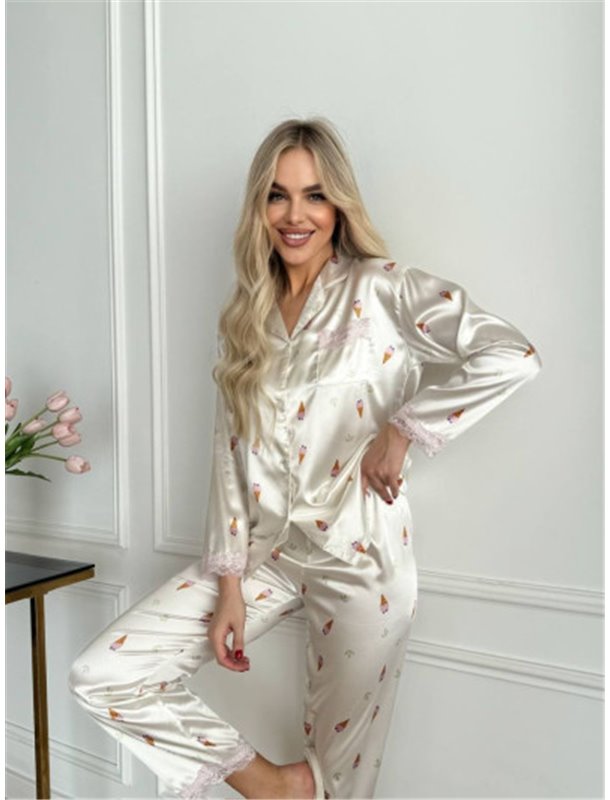 Біла шовкова піжама на ґудзиках з ніжним принтом 813211111 Ghazel фото - Luxbikini