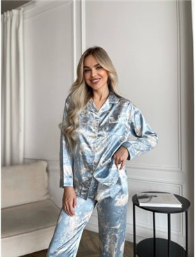 Стильна блакитна шовкова піжама на ґудзиках з принтом 111211111 Ghazel фото - Luxbikini
