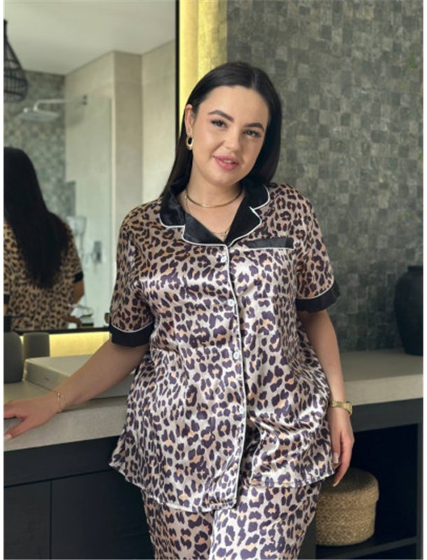 Піжама з леопардовим принтом PLUS SIZE з сорочкою та штанами 132991111 Ghazel фото - Luxbikini