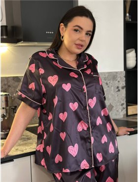 Піжама PLUS SIZE чорна у сердечко з сорочкою та штанами 133771111 Ghazel фото - Luxbikini
