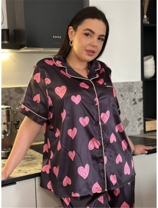 Піжама PLUS SIZE чорна у сердечко з сорочкою та штанами 133771111 Ghazel фото - Luxbikini