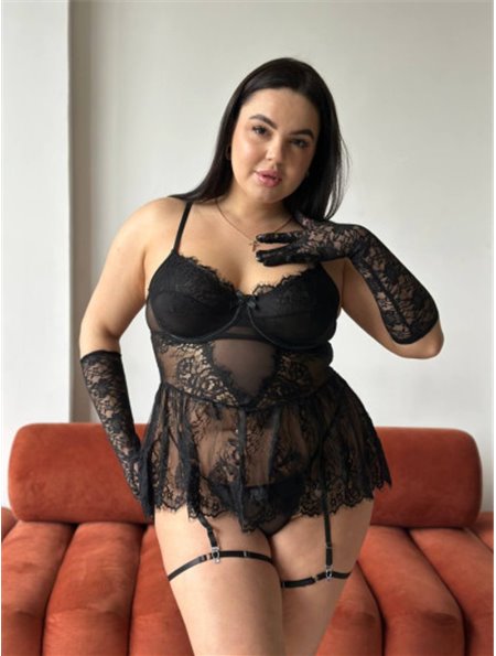 Мереживний чорний пеньюар еротична білизна з гартерами PLUS SIZE 152821111 Ghazel фото - Luxbikini