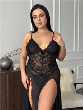 Розкішна чорна мереживна довга сорочка PLUS SIZE 144081111 Ghazel фото - Luxbikini