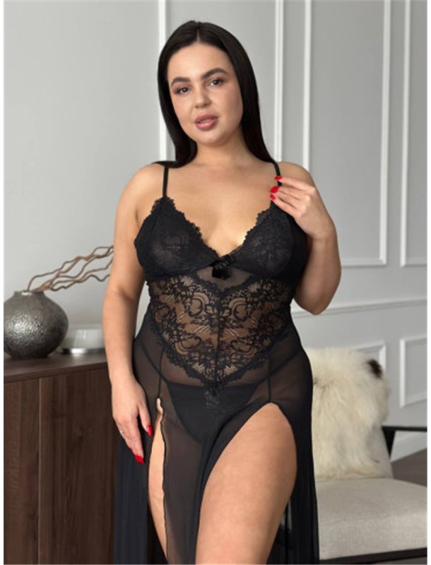Розкішна чорна мереживна довга сорочка PLUS SIZE 144081111 Ghazel фото - Luxbikini