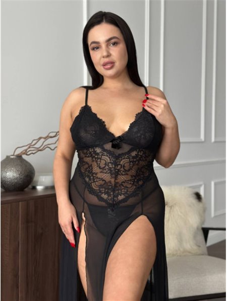 Розкішна чорна мереживна довга сорочка PLUS SIZE 144081111 Ghazel фото - Luxbikini