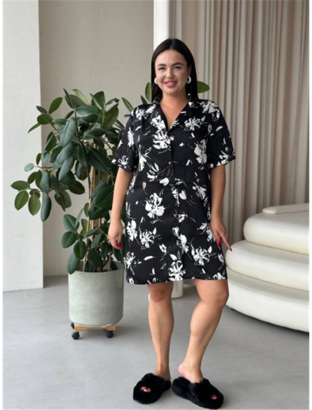 Шовкова чорно-біла сорочка на ґудзиках для дому PLUS SIZE 102311111 Ghazel фото - Luxbikini