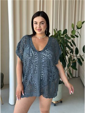 Пляжна коротка сіра туніка PLUS SIZE тоненька в'язка 997511111 Ghazel фото - Luxbikini