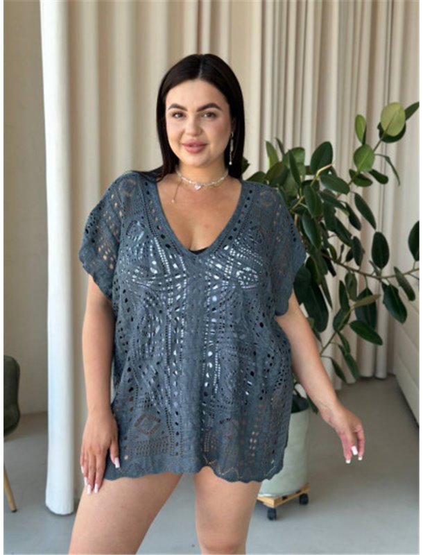 Пляжна коротка сіра туніка PLUS SIZE тоненька в'язка 997511111 Ghazel фото - Luxbikini