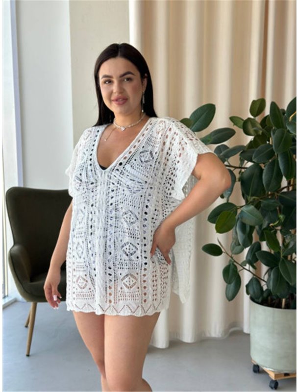 Пляжна коротка біла туніка PLUS SIZE тоненька в'язка 997611111 Ghazel фото - Luxbikini