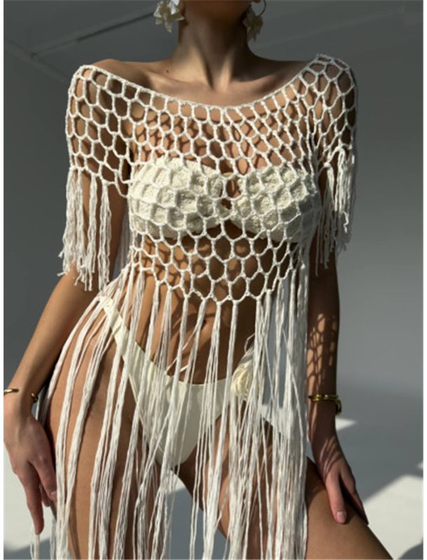 Стильна пляжна туніка з бахромою у білому кольорі 124471111 Ghazel фото - Luxbikini