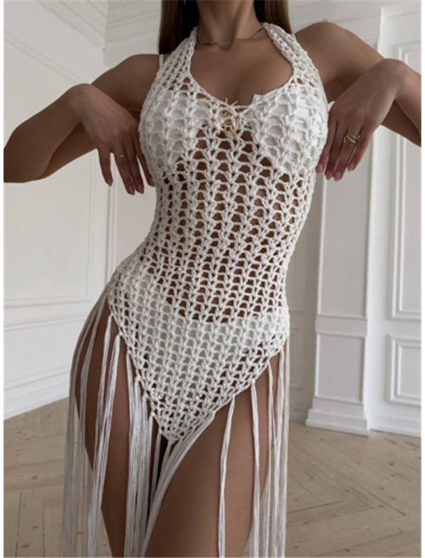 Біла пляжна туніка з тонкої в"язки з бахромою 138241111 Ghazel фото - Luxbikini