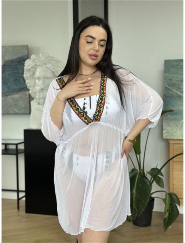 Біла пляжна туніка PLUS SIZE з орнаментом 123841111 Ghazel фото - Luxbikini
