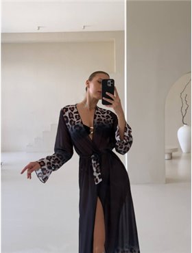 Чорна довга пляжна туніка з леопардовим принтом 128741111 Ghazel фото - Luxbikini