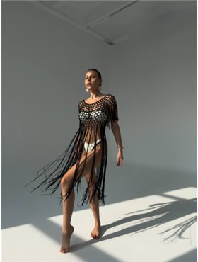 Стильна пляжна туніка з бахромою у чорному кольорі 124461111 Ghazel фото - Luxbikini