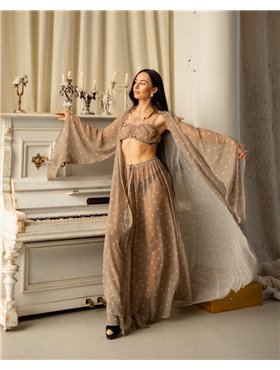 Домашній костюм-трійка "Evelina" (халат+ліф+штани) тканина шифон Бежевий 5257 QC фото - Luxbikini