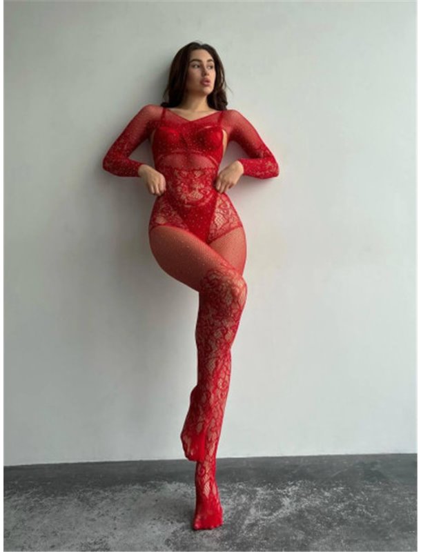 Червоний мереживний бодістокінг з камінчиками 238111111 Ghazel фото - Luxbikini