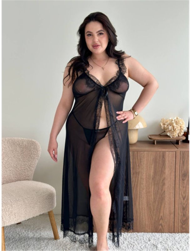 Довгий чорний пеньюар із сіточки та мереживом PLUS SIZE 162001111 Ghazel фото - Luxbikini