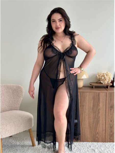 Довгий чорний пеньюар із сіточки та мереживом PLUS SIZE 162001111 Ghazel фото - Luxbikini