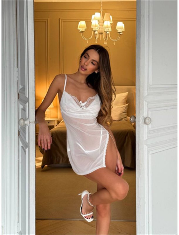 Білий спокусливий пеньюар сорочка з сіточки та мереживом 114671111 Ghazel фото - Luxbikini
