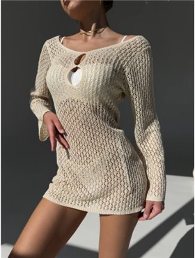 Бежева пляжна туніка з тонкої в"язки 130091111 Ghazel фото - Luxbikini