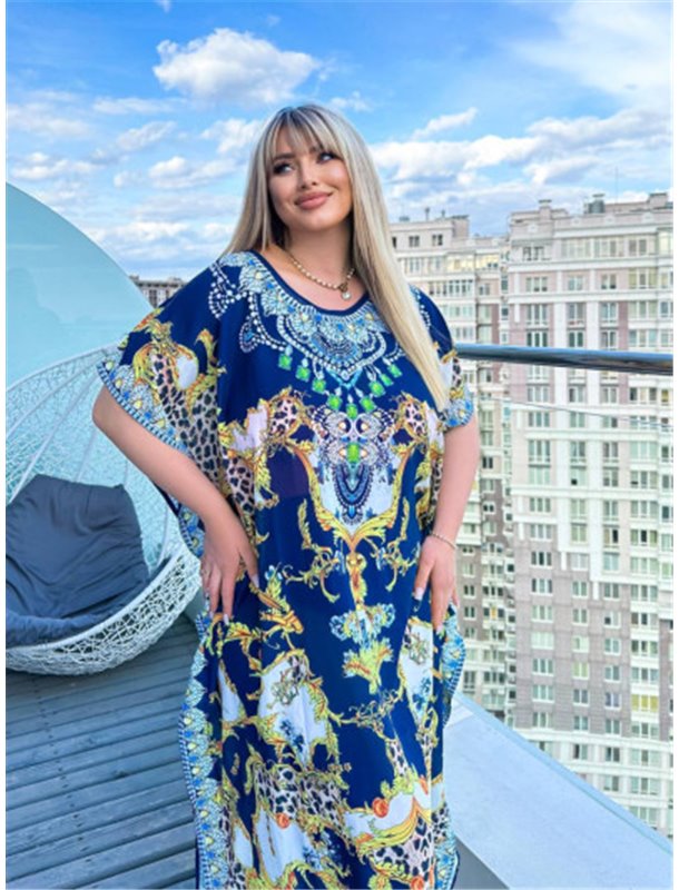 Розкішна максі сукня- туніка синя з золотом PLUS SIZE для відпочинку 874511111 Ghazel фото - Luxbikini