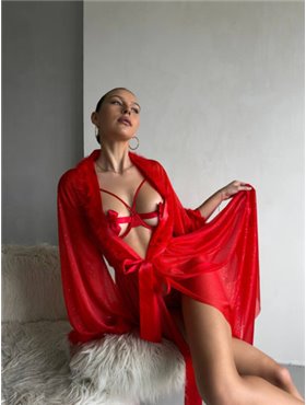 Червоний прозорий еротичний халат з пірʼям 117661111 Ghazel фото - Luxbikini