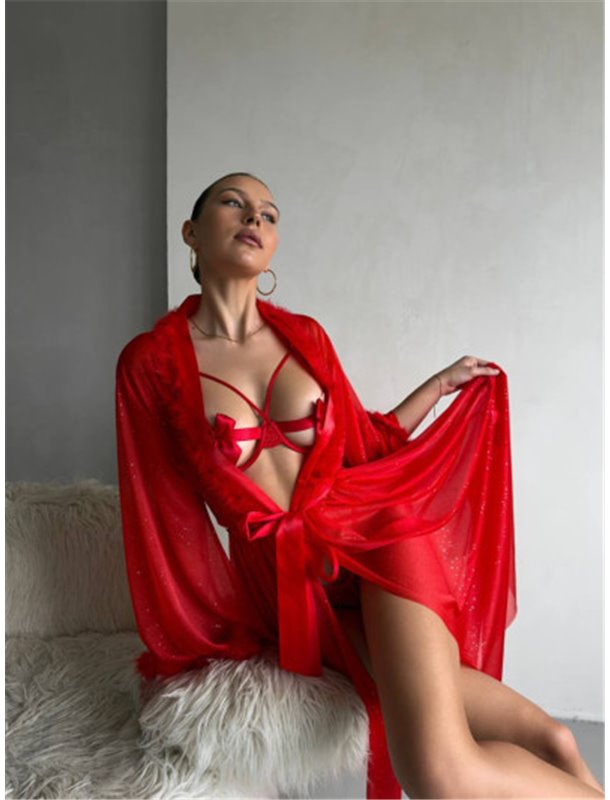 Червоний прозорий еротичний халат з пірʼям 117661111 Ghazel фото - Luxbikini