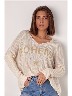 В'язаний жіночий пуловер з написом Boheme - молочний цвет, ONE SIZE (є розміри) 241083  фото - Luxbikini
