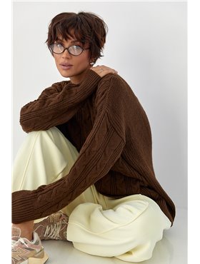 Вільна в'язана кофта в косички - коричневий цвет, ONE SIZE (є розміри) 257031  фото - Luxbikini