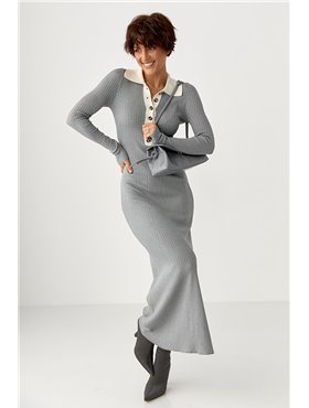 Довга трикотажна сукня-поло в рубчик - сірий цвет, ONE SIZE (є розміри) 12222  фото - Luxbikini