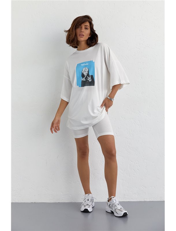 Костюм з футболкою oversize та велосипедками - молочний цвет, S (є розміри) 1318  фото - Luxbikini
