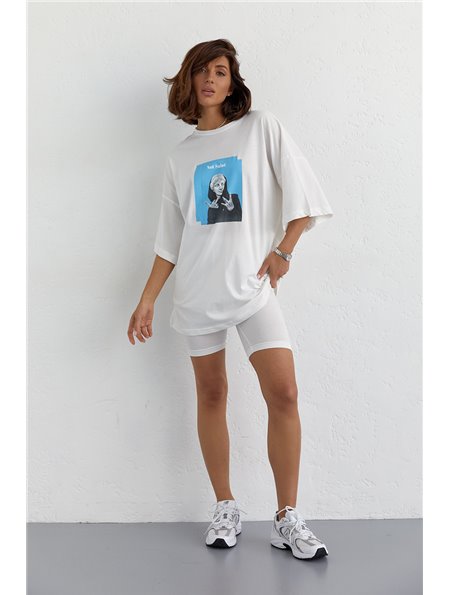 Костюм з футболкою oversize та велосипедками - молочний цвет, S (є розміри) 1318  фото - Luxbikini